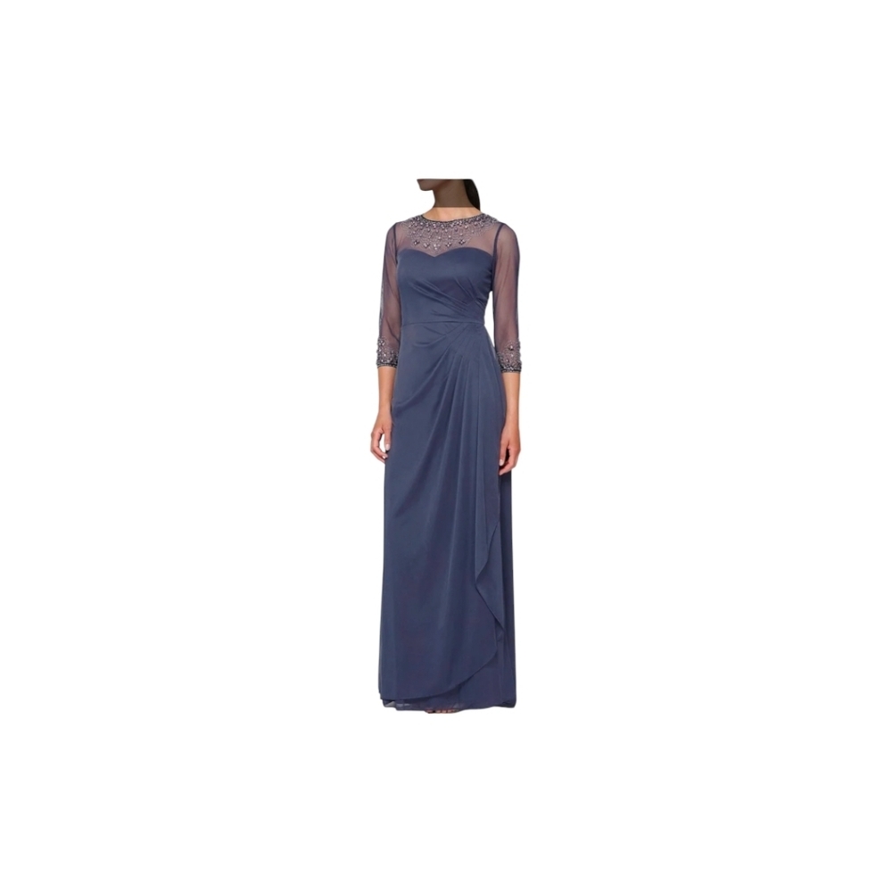 NWT Alex evenings Long Beaded Illusion Sweetheart Neck 3/4 Sleeve Ruched size 16 - Picture 2 of 10